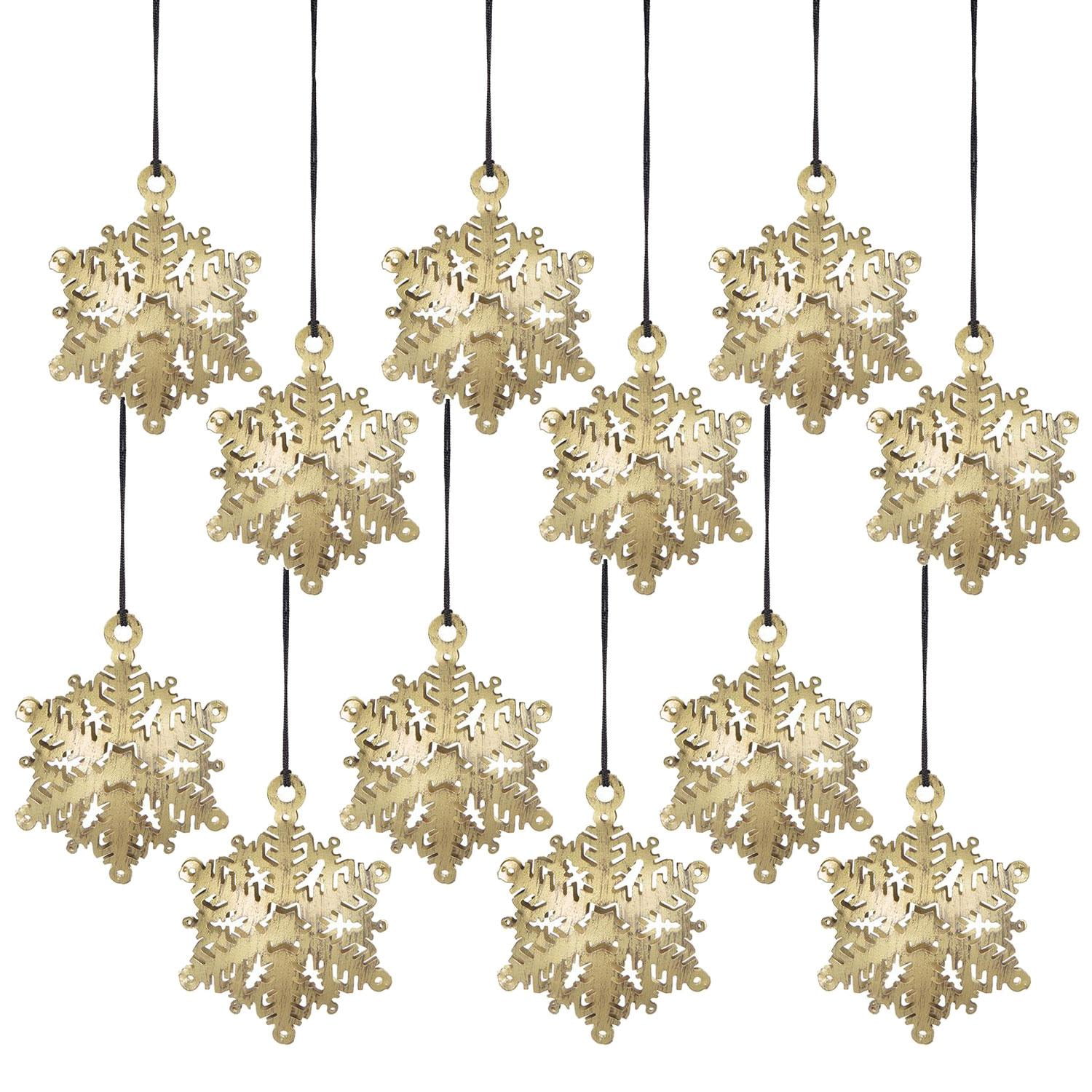 Set of 12 Distressed Gold Iron Snowflake Hanging Ornaments
