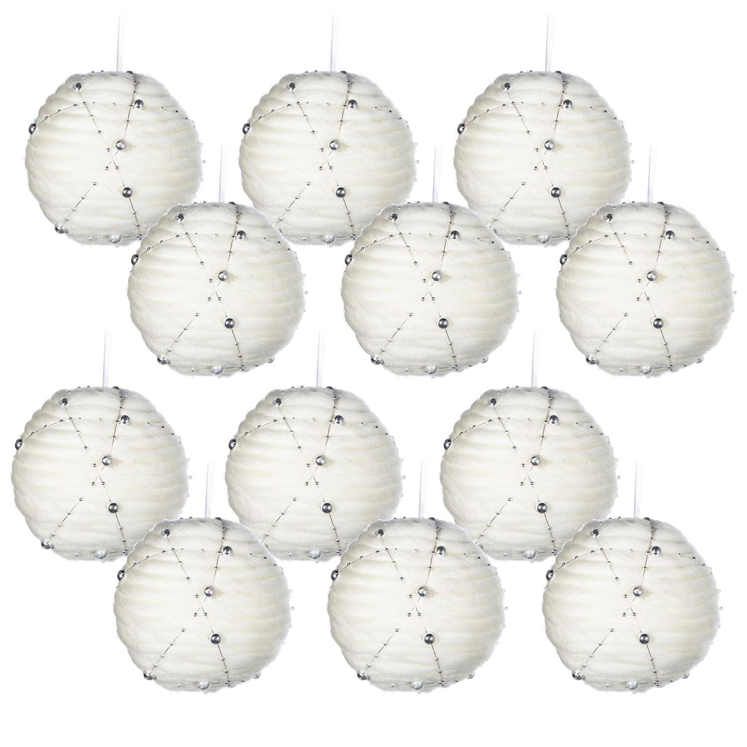 Set of 12 Ribbed White and Clear Plastic Hanging Ornaments