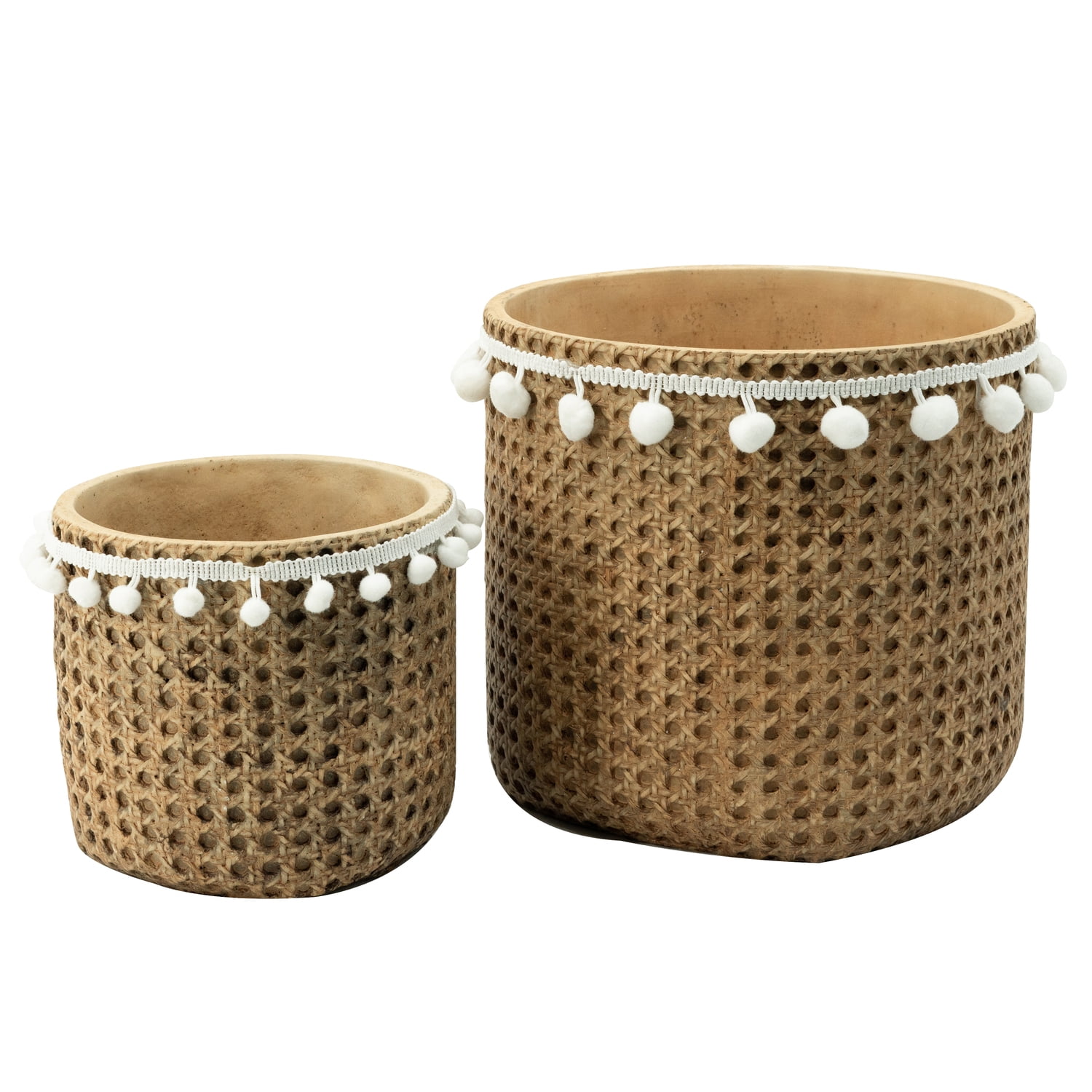 Set of 2 Beige Faux Woven Cement Planters with Cotton Ball Trim