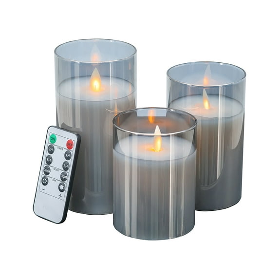 A&B Home Set of 3 Flameless LED Candles with Smoked Glass Holder