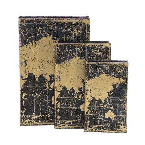 A&B Home Set of 3 Vintage Style Black and Gold World Map Faux Book Boxes