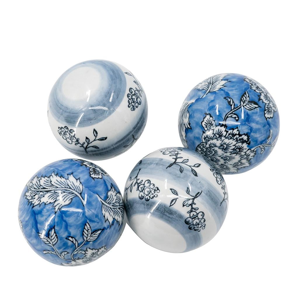 A&B Home Set of 4 Blue and White Floral Porcelain Orbs 3.9" x 3.9" x 3.9"