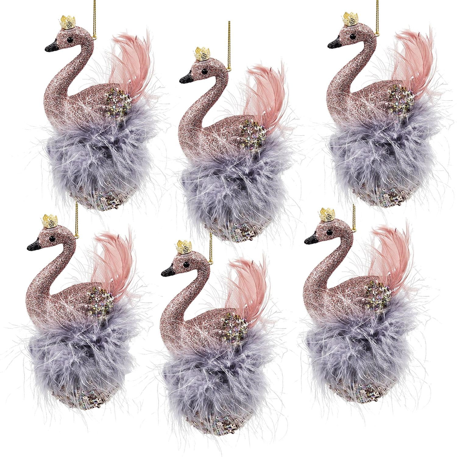 Set of 6 Pink and Blue Feathered Plastic Swan Ornaments