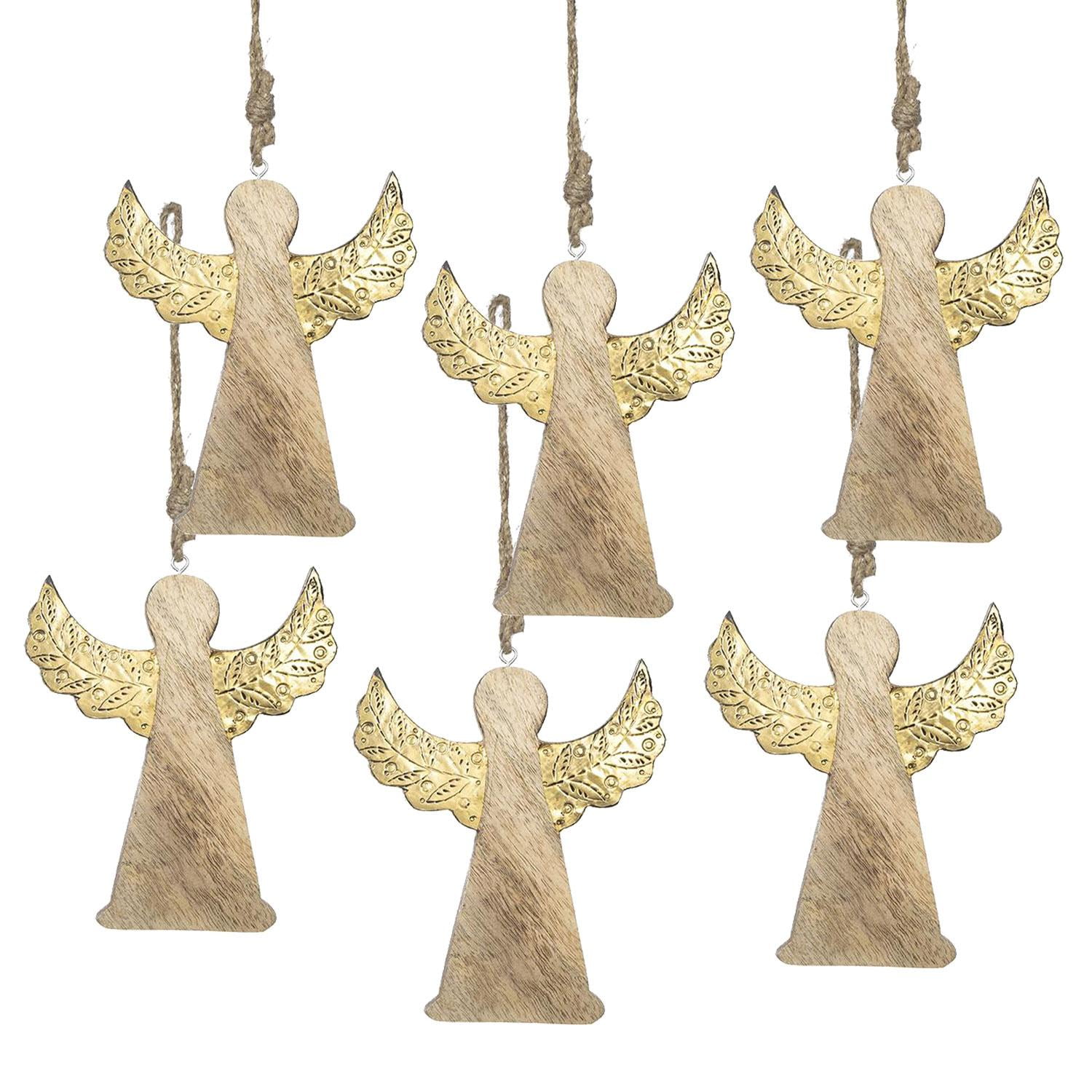 Set of 6 Wooden Angels with Gold Wings Hanging Ornaments