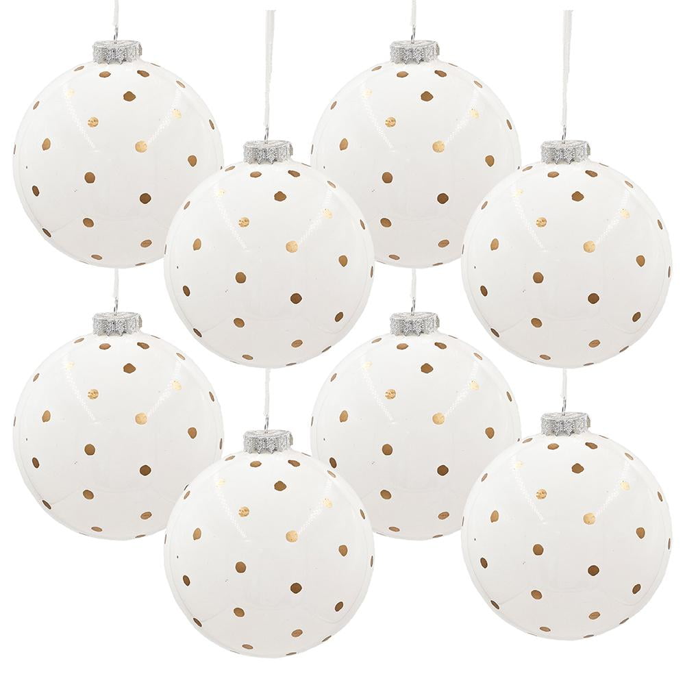 Set of 8 White and Gold Glass Christmas Ornaments
