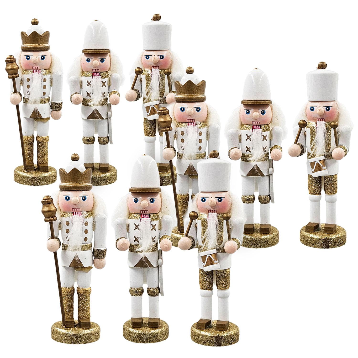 Set of 9 White and Gold Wooden Nutcracker Ornaments