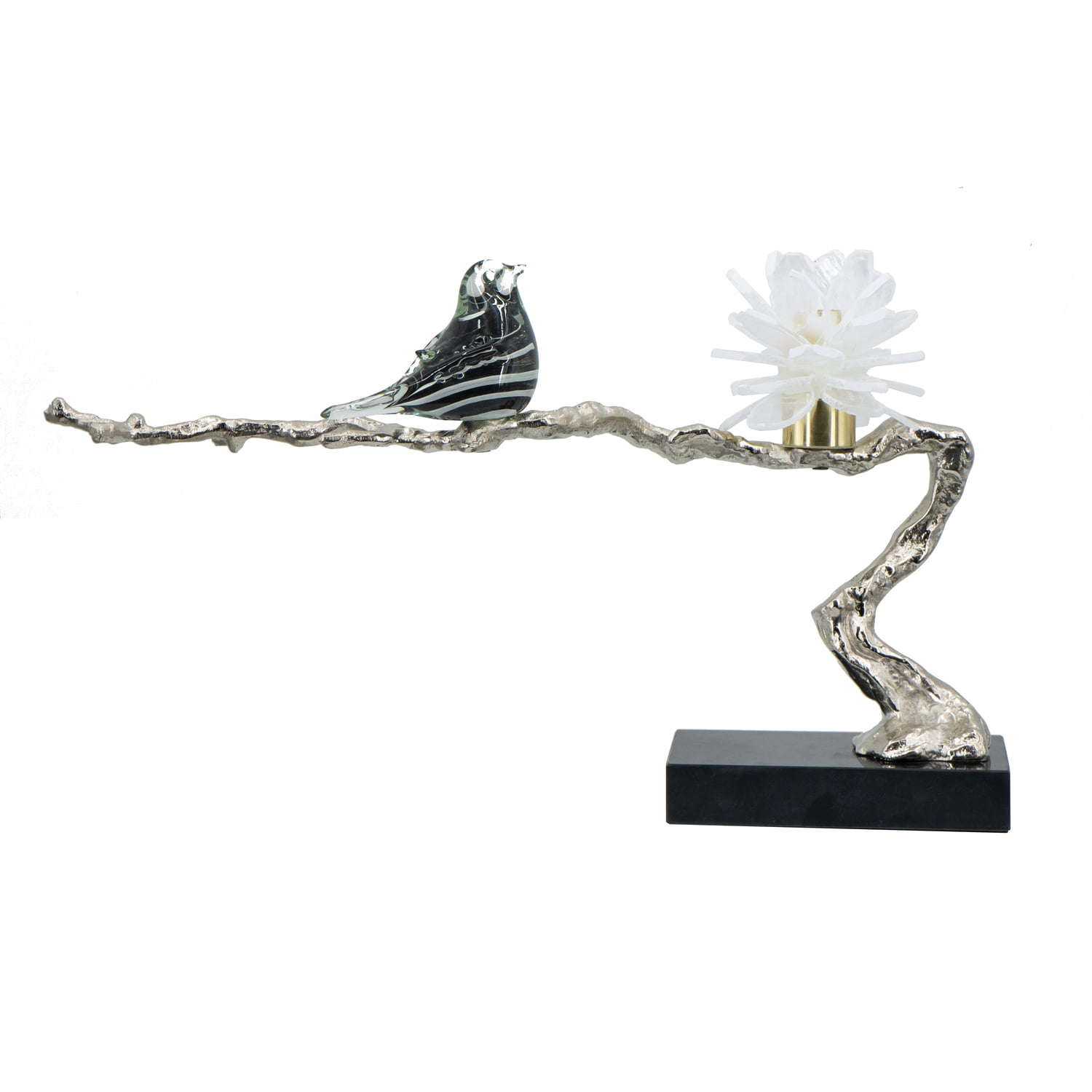 Silver and Black Glass Bird on Branch Decor