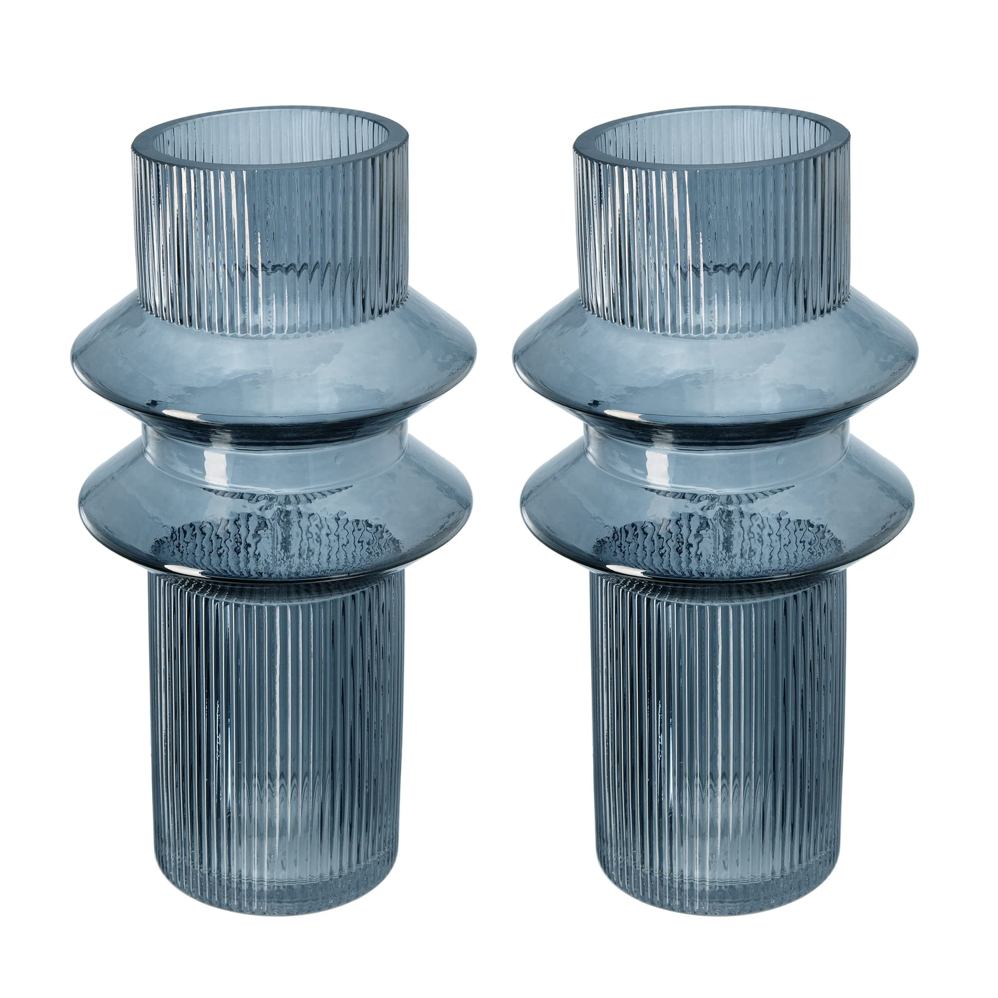 Set of 2 Smoked Glass Ribbed Cylindrical Vases