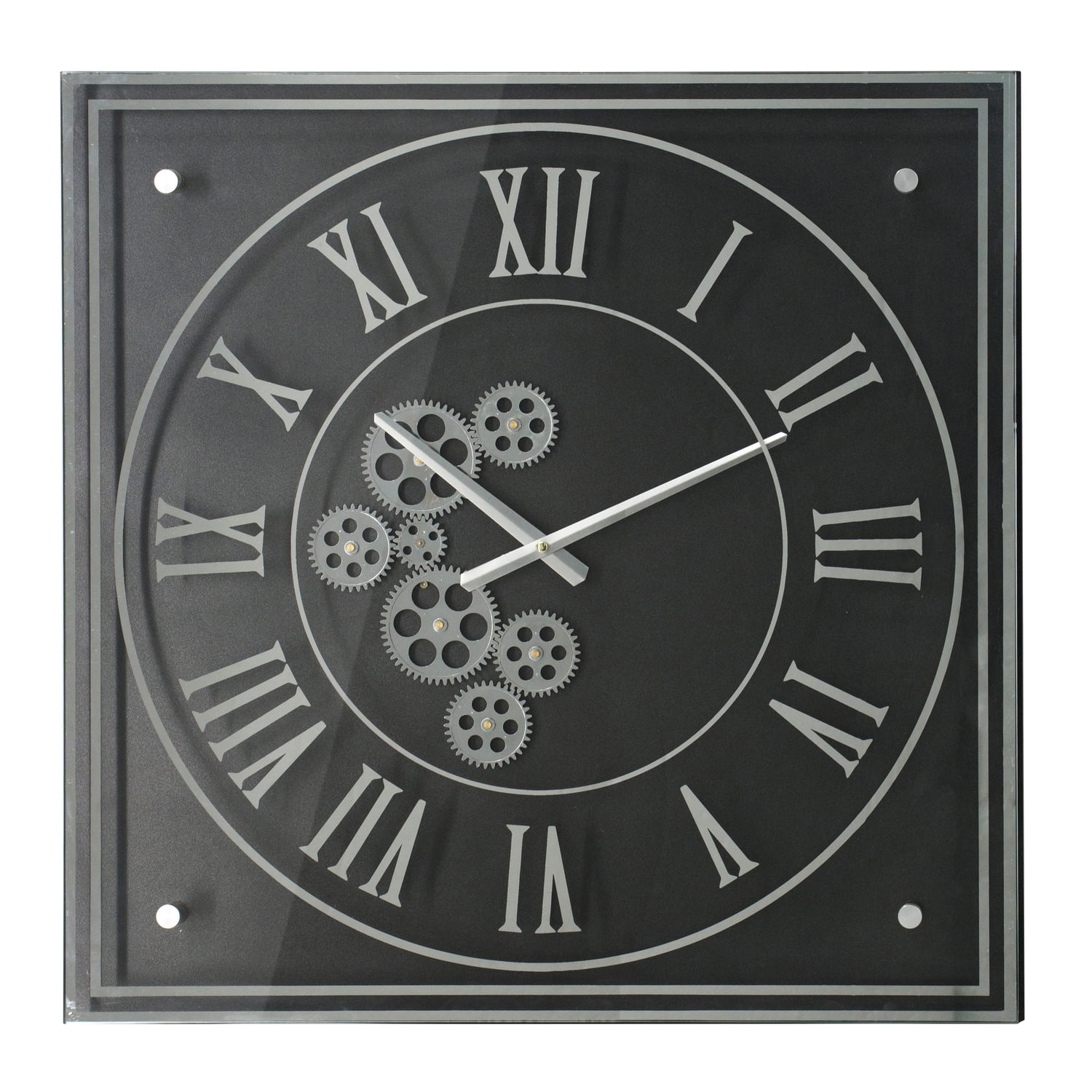 A&B Home Square Framed Gear Wall Clock with Roman Numerals - 24" - Black, Silver Finish