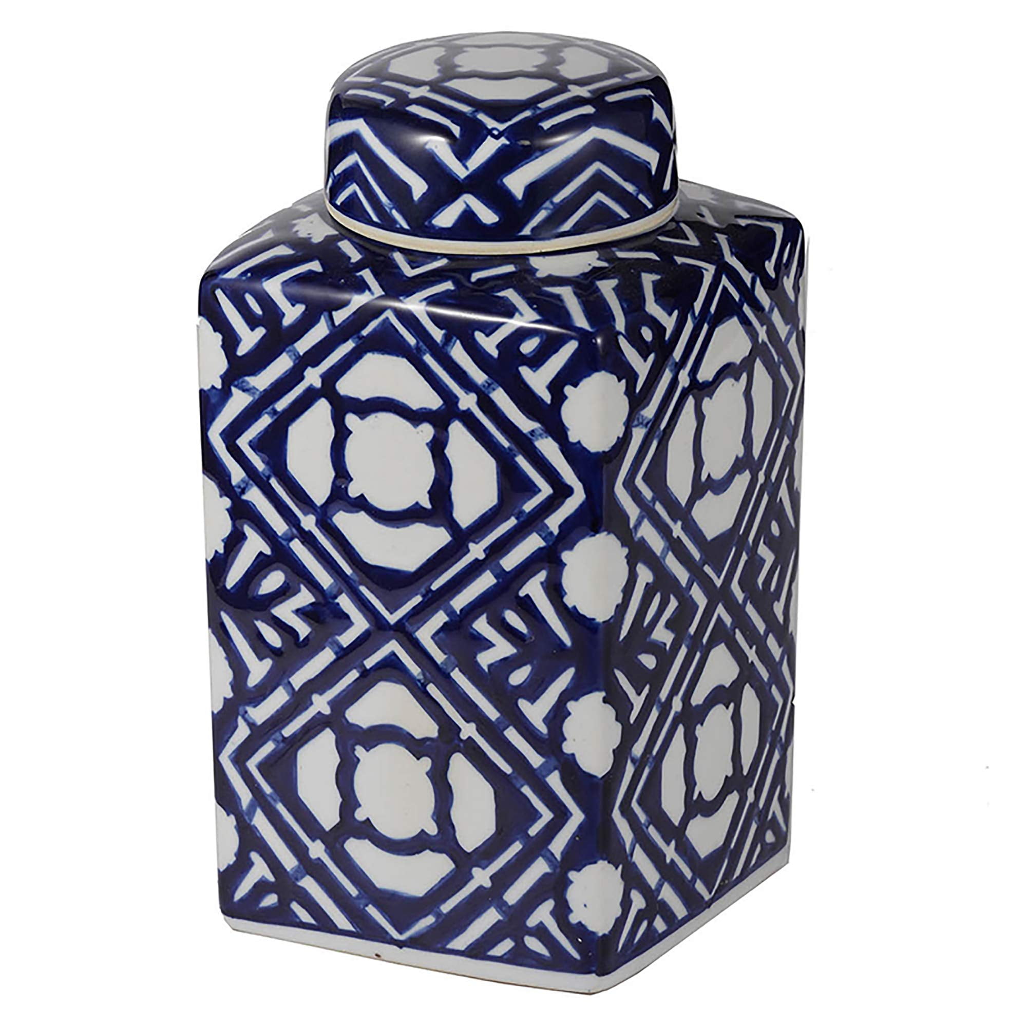 A&B Home Square Ginger Jar with Lid - Geometric Abstract Pattern, Blue and White Modern Style, Home Décor Accent Centerpeice, 10'' Tall
