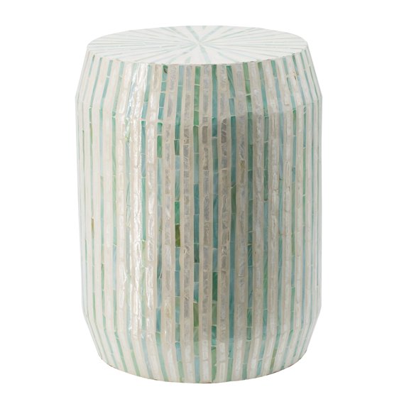 Cylindrical Pearl Mosaic Stool Side Table - Mother of Pearl Finish, Modern Boho Decor Furniture, Striped Capiz Stool Seat, 14'' x 18''