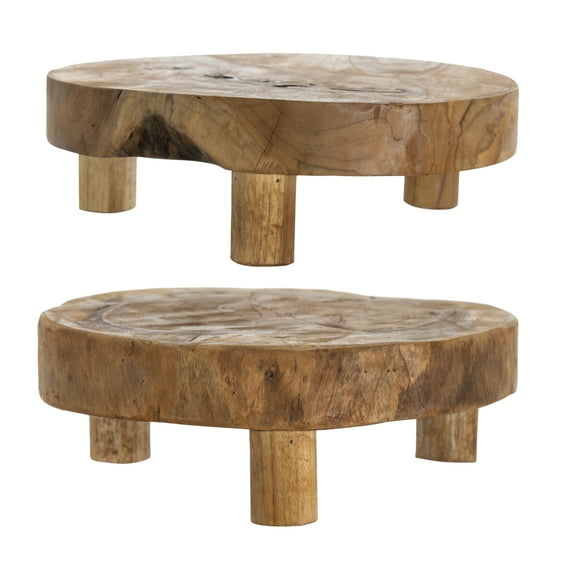A&B Home Teak Footed Round Trays - Set of 2 - 11.8"Dia. x 3.9" - Natural