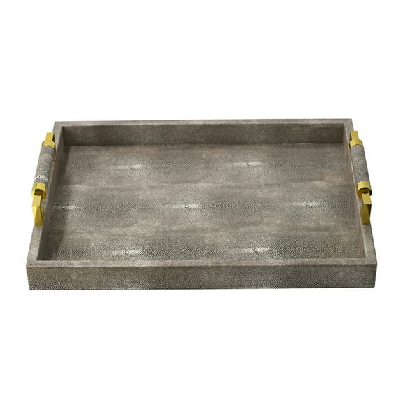A&B Home Gray Decorative Tray with Handles Modern Minimalist Style Faux Shagreen Leather Grey Gold Metal Centerpiece Table Dcor 18.9x13.8x3.7 Inch