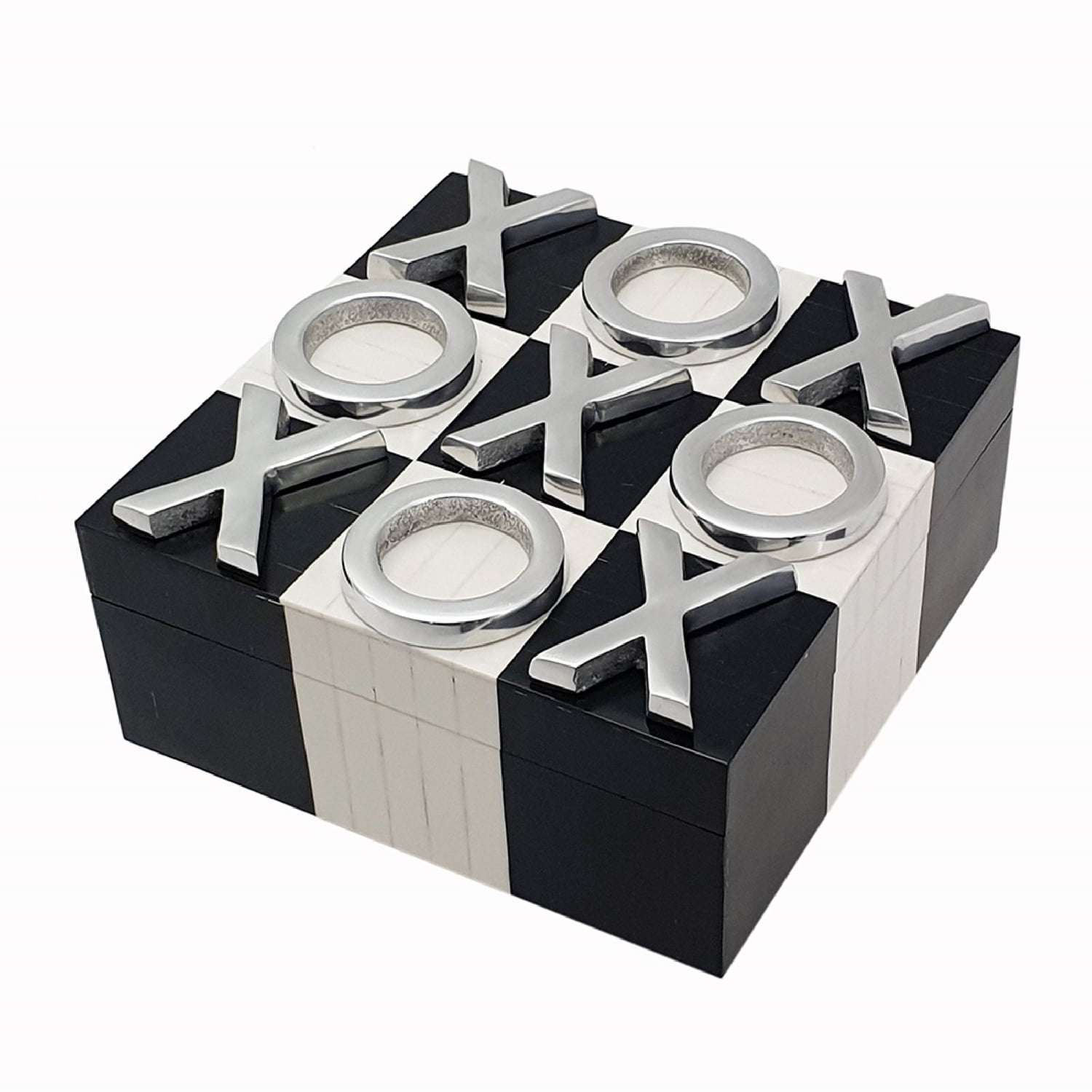 Black and White Tic-Tac-Toe Game Box with Silver Pieces