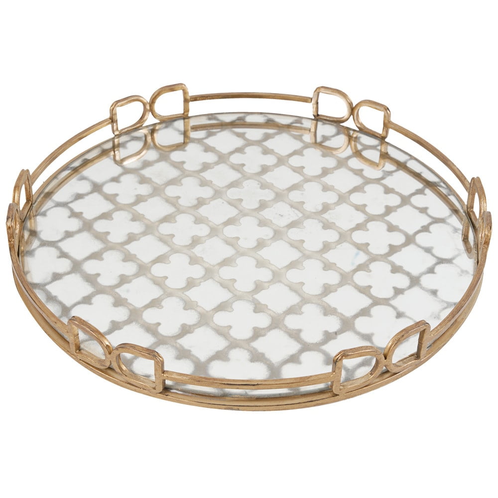 Round Gold and Frosted Glass Decorative Tray with Metal Frame