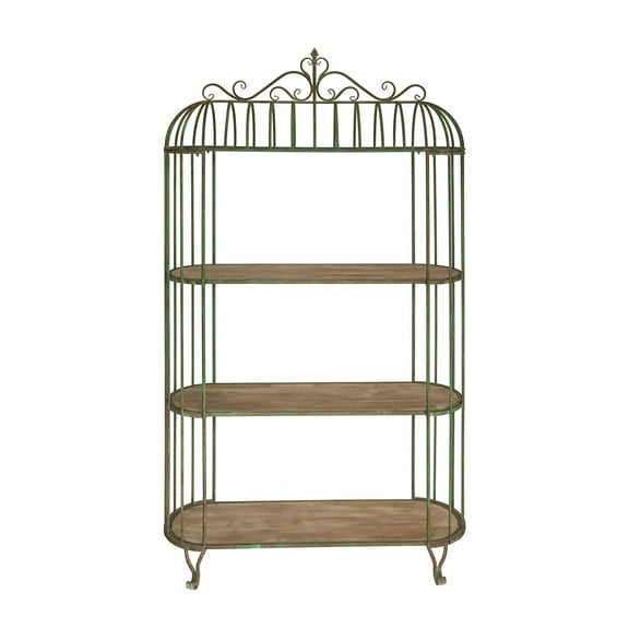 A&B Home Vintage-Inspired Three-Tiered Iron Shelving Unit with Weathered Green Finish and Wooden Shelves