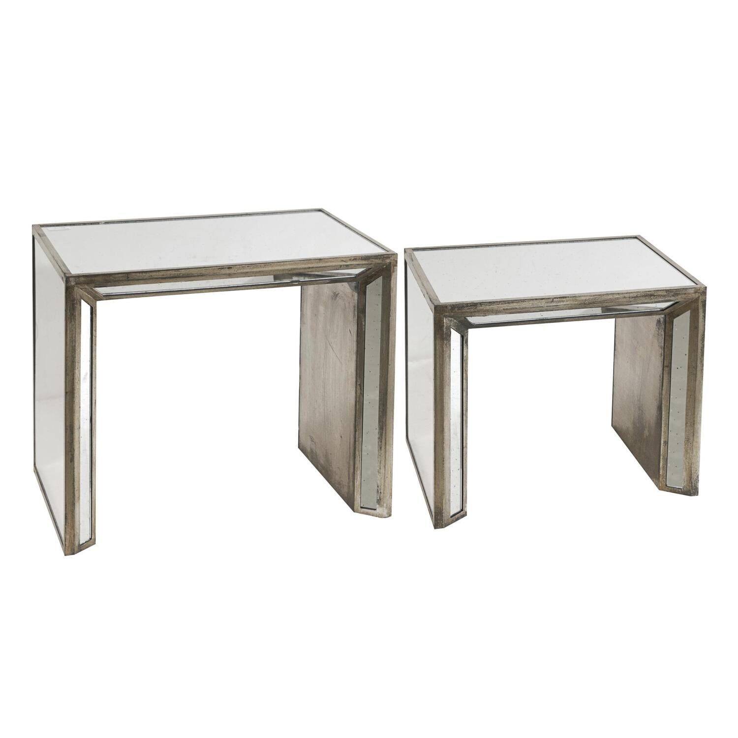 Waverly Mirrored Nested Side Tables with Distressed Wood Frame