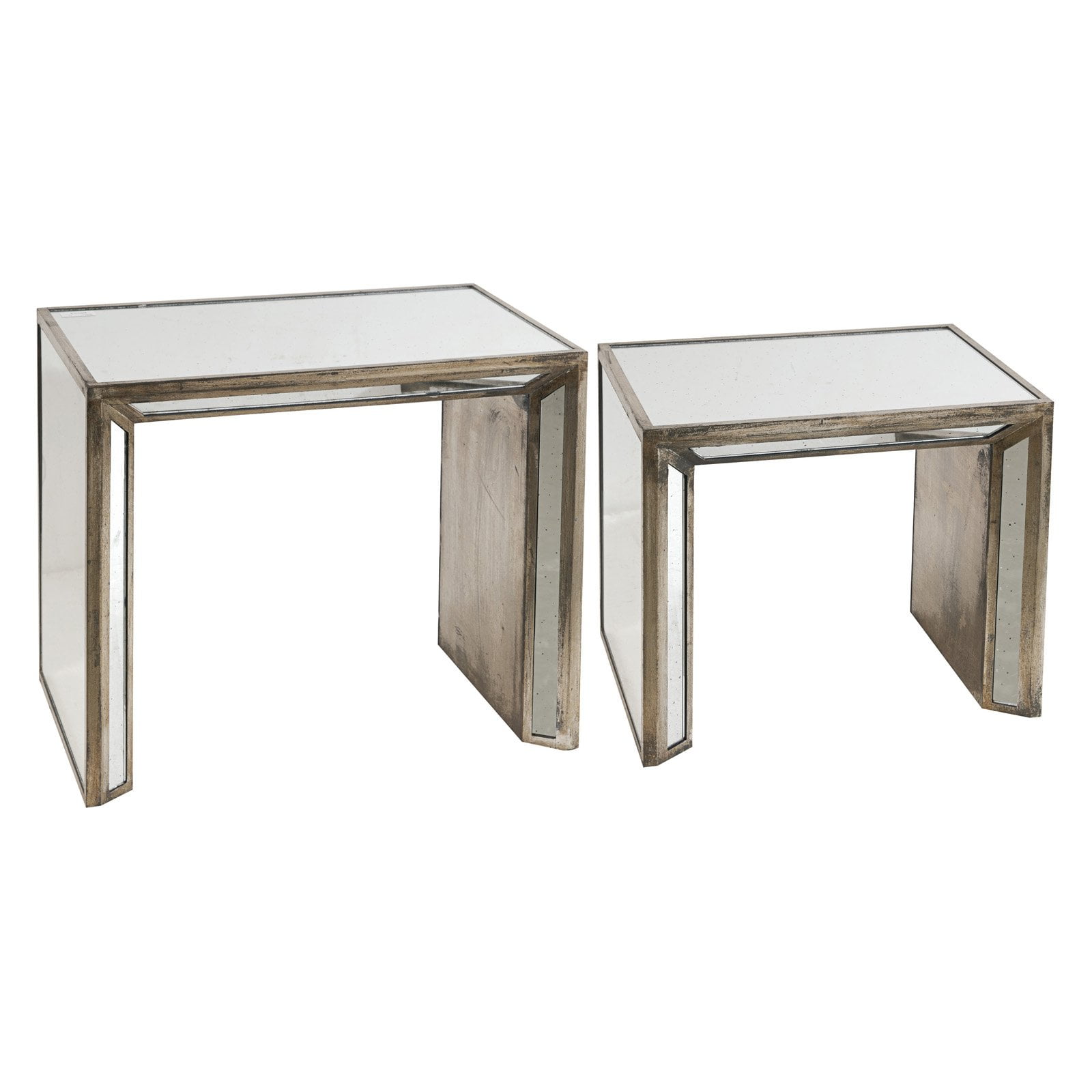 Waverly Mirrored Nested Side Tables with Distressed Wood Frame