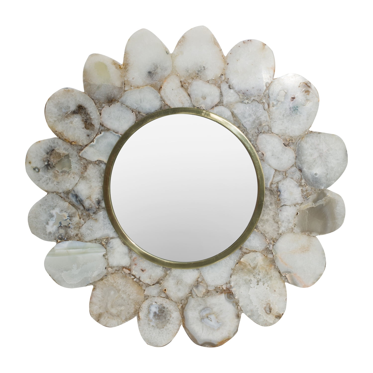 White Agate Flower Shaped Round Wall Mirror with Brass Frame