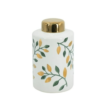 A&B Home White Ceramic Lidded Vase with Green and Gold Botanical Motif 5.5" x 5.5" x 9.3"