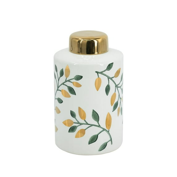 A&B Home White Ceramic Lidded Vase with Green and Gold Botanical Motif 5.5" x 5.5" x 9.3"