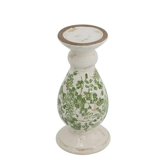 A&B Home White Ceramic Pillar Candleholder with Green Floral Motif 4.7" x 4.7" x 10"