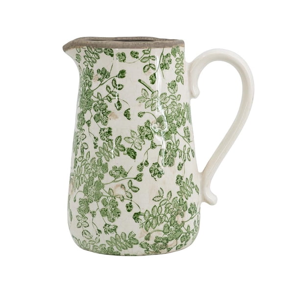 A&B Home White Ceramic Pitcher with Green Floral Motif 8.1" x 5.7" x 9.1"