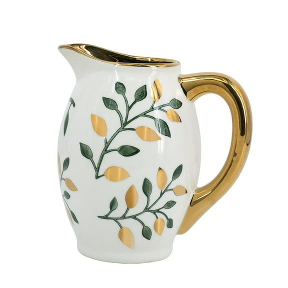 A&B Home White Ceramic Pitcher with Green and Gold Botanical Motif  8.1" x 5.7" x 8.5"