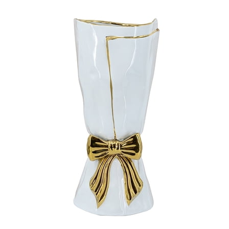 A&B Home White Ceramic Vase with Gold Ribbon Accent 6.7" x 6.7" x 14.8"