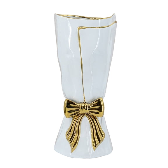 A&B Home White Ceramic Vase with Gold Ribbon Accent 6.7" x 6.7" x 14.8"