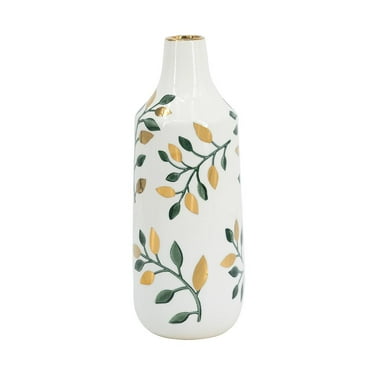 A&B Home White Ceramic Vase with Green and Gold Botanical Motif 4.7" x 4.7" x 12.2"
