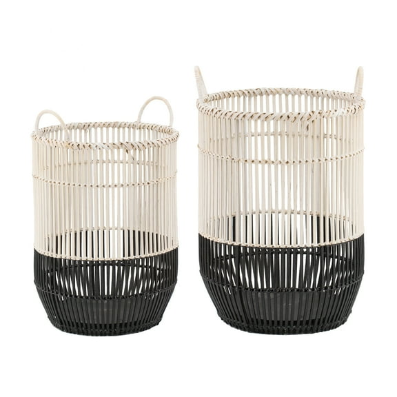 A&B Home Wicker Weave Cyinder Baskets with Handles - Set of 2 - Black, White Finish
