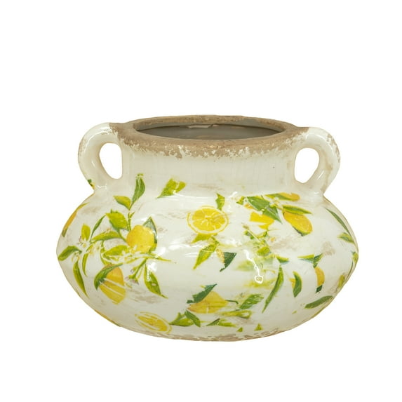 A&B Home Wide Ceramic Planter with Yellow Lemon and Green Leaf Motif and Small Handles - 8x8x5"