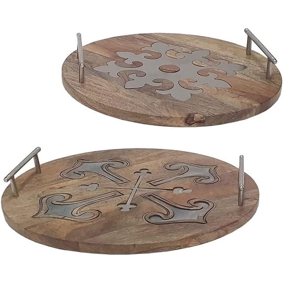 A&B Home Wooden Circular Tray Set - Set of 2 Mango Wood with Inlaid Metal Emblem, Decorative Serving Tray, Living Room Entryway Coffee Table Accent Piece, Large: 16" x 16" x 3", Small: 14" x 14" x 3"