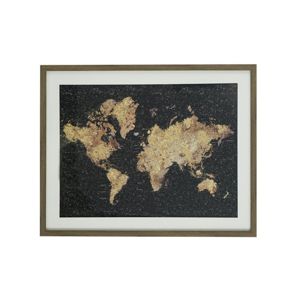 A&B Home World Map Framed Under Glass Art - 22.5"H x 28.5"W x 1.5"L - Black/Gold