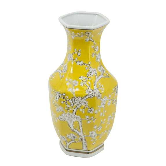 A&B Home Yellow Hexagonal Porcelain Vase with Floral Design 7.3" x 6.9" x 14.2"
