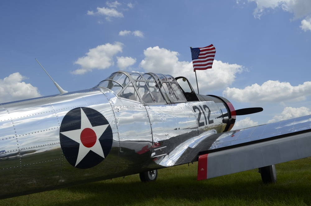 A BT-13 Valiant trainer aircraft with American Flag Canvas Art - Stocktrek Images (35 x 23)