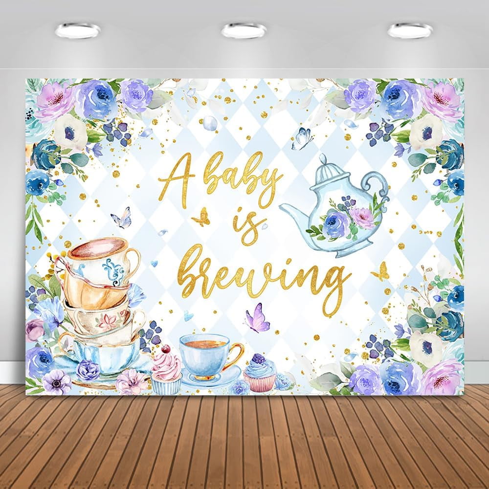 A Baby is Brewing Baby Shower Backdrop Blue Floral Tea Party