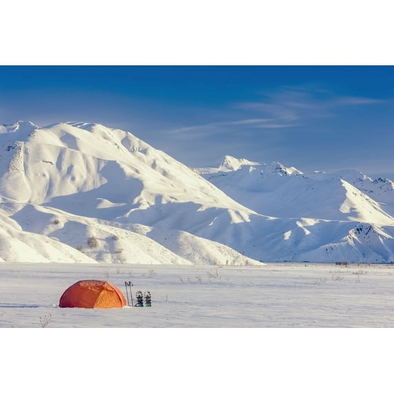 A Backpacking Tent With Snowshoes Next To It With The Alaska Range In The Distance In Winter Isabel Pass Richardson High