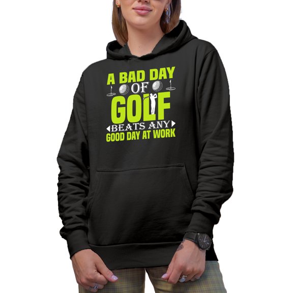 A Bad Day of Golf Beats Any Good Day at Work with Flags, Balls & Golf Player, Golfing or Golfer Themed Merch Gift, Black Hooded Sweatshirt or Hoodie, Large