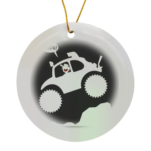 3drose, a Baja Bug Image Jumping Obsticles Off Road, Stick Man Screamnjimmy at the Wheel, Circle Porcelain Ornament