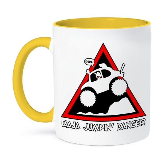 3dRose, a baja jumpin danger sign of stickmen racing off road, so be careful dude, 11oz Two-Tone Yellow Mug
