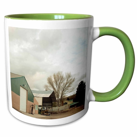 3drose, a Barn in Enterprise Near a Home with Trees in Warm Tones, 15oz Two-tone Green Mug