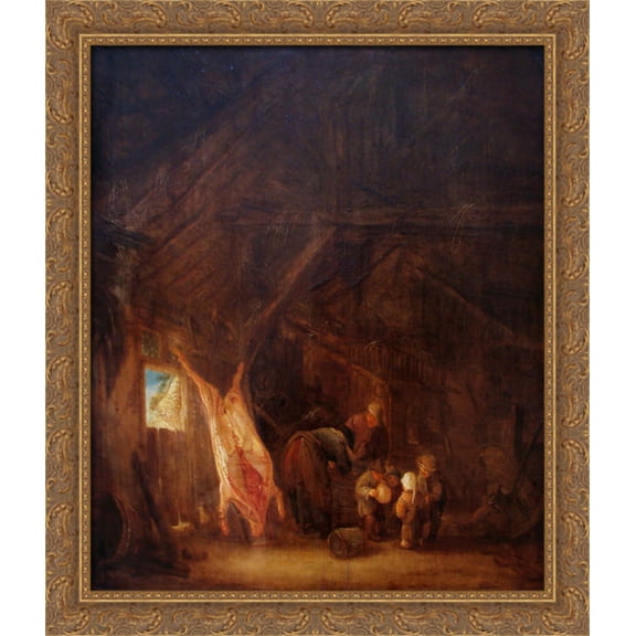 A Barn Interior with a Slaughtered Pig, Children Playing Beyond 28x32 Large Gold Ornate Wood Framed Canvas Art by Isaac van Ostade