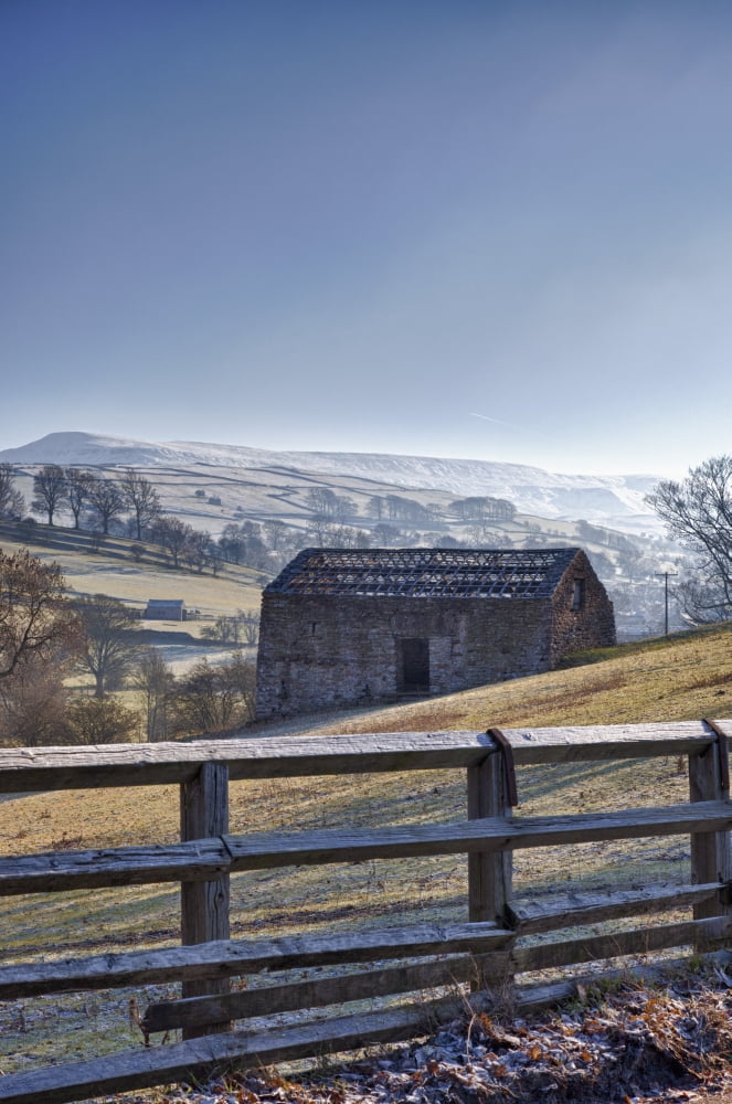 A Barn On A Hilly Landscape In The Fog Yorkshire Dales England Canvas Art - John Short  Design Pics (24 x 38)