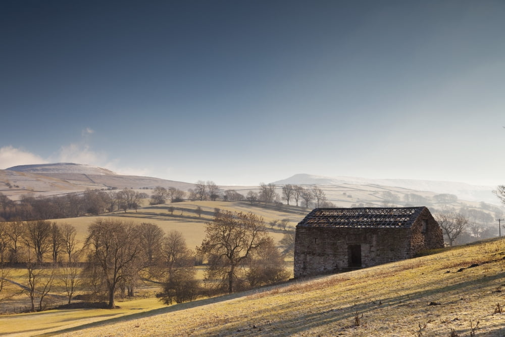 A Barn On A Hilly Landscape In The Fog Yorkshire Dales England Canvas Art - John Short Design Pics (38 x 24)