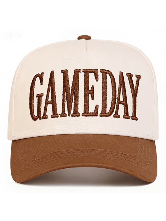 A Baseball Cap Featuring a Warm-Toned Color Block Design, Adorned with Embroidered Capital Letters Spelling GAMEDAY on The Front