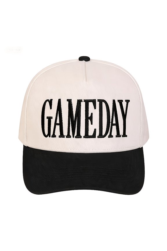 A Baseball Cap Featuring a Warm-Toned Color Block Design, Adorned with Embroidered Capital Letters Spelling GAMEDAY on The Front