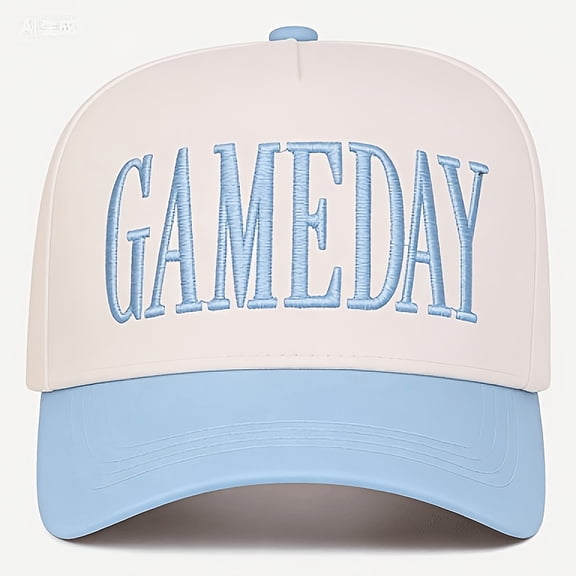 A Baseball Cap Featuring a Warm-Toned Color Block Design, Adorned with Embroidered Capital Letters Spelling GAMEDAY on The Front