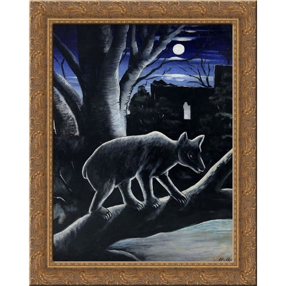 A Bear in a Moon Night 20x24 Gold Ornate Wood Framed Canvas Art by Pirosmani, Niko